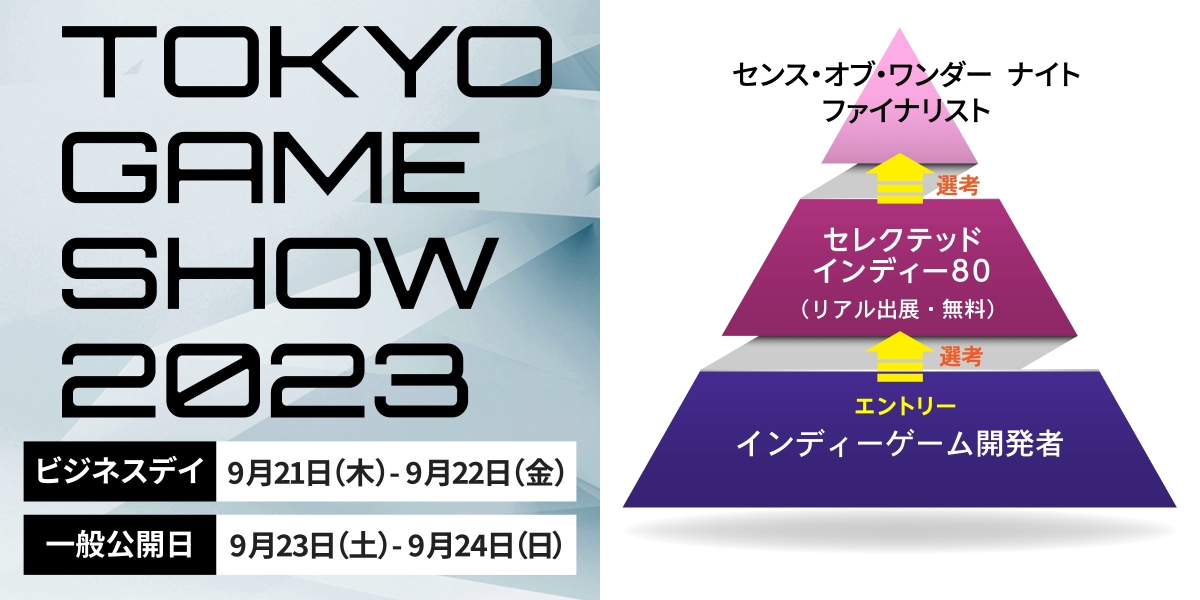 『東京ゲームショウ2023』の概要が発表。インディーゲームコーナーに無料でリアル出展できる『Selected Indie 80』のエントリーも開始