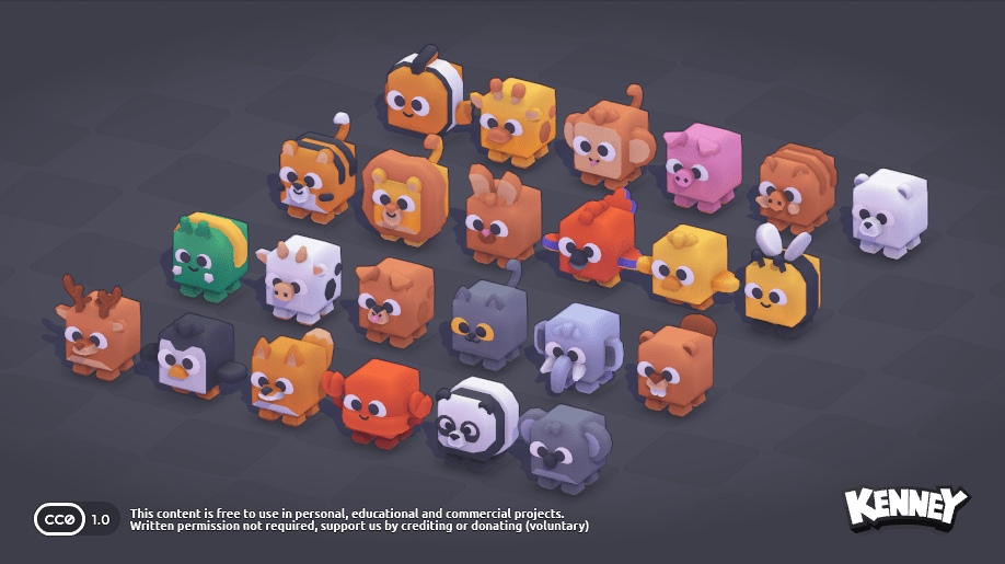 キューブ状の動物たち24種類の3Dモデルを収録。無料アセットパック『Cube Pets』、Webサイト「Kenney」で公開