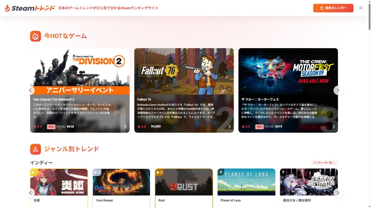 Steamタイトルの国産キュレーションサイト「Steamトレンド」オープン。日本の「今HOTなゲーム」やジャンル別のトレンドをランキング形式で紹介