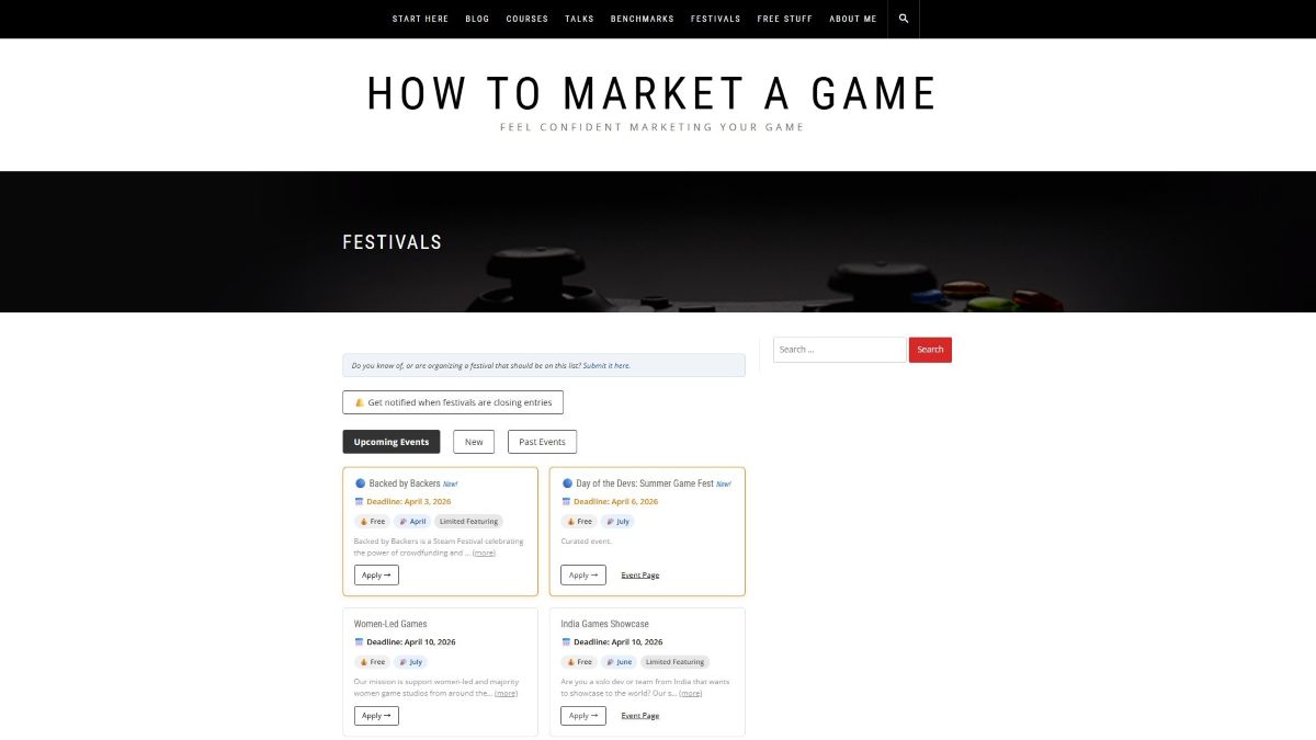 世界のゲームイベントの出展募集情報を載せたカレンダー、Webサイト「How To Market A Game」で開設